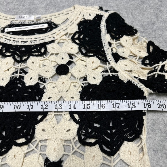 Boho‎ Crochet Top Overlay Sweater Cream Black Pullover Croped Womens Small Layer - Picture 5 of 11